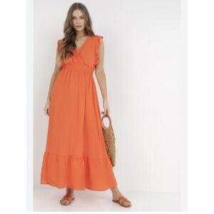 Monteau Los Angeles Orange Maxi Dress Linen Blend Ruffle Hem Size S